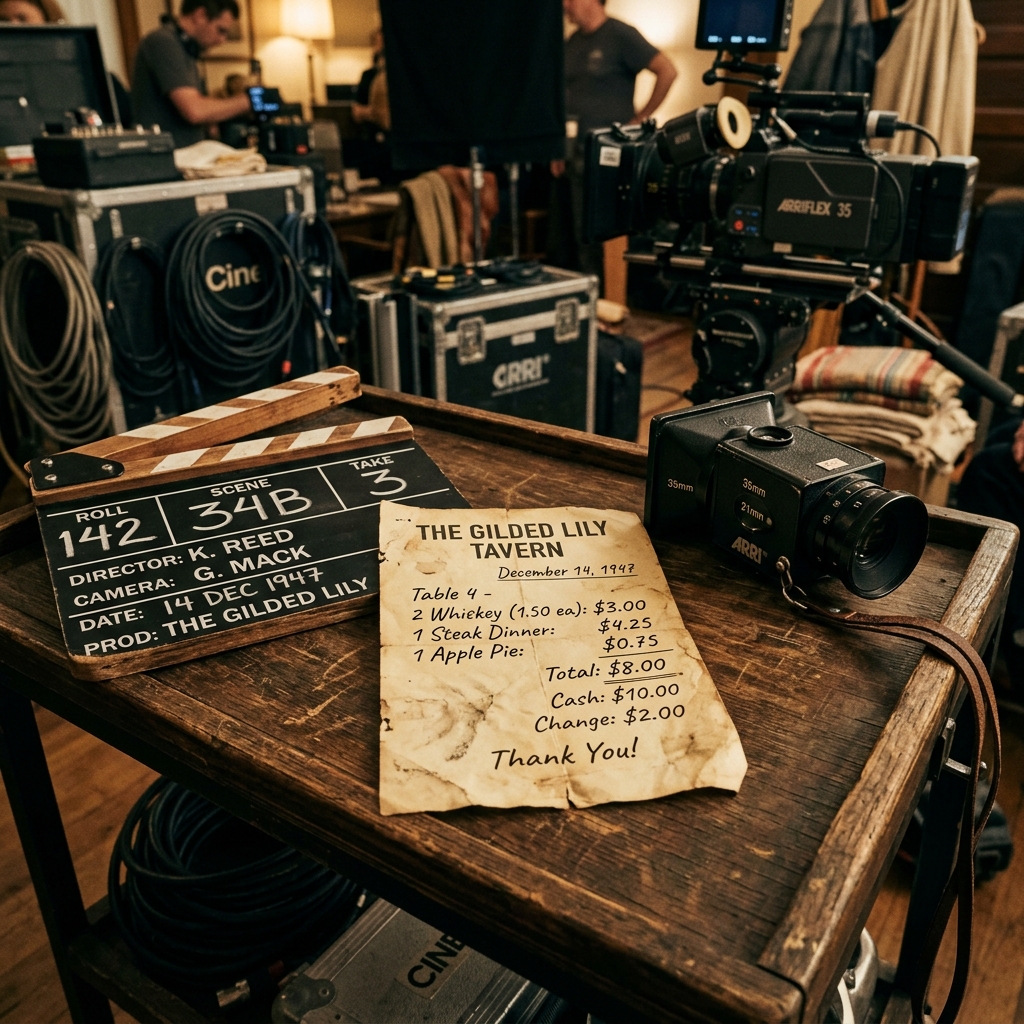 A film set showing a realistic receipt prop being held by an actor.