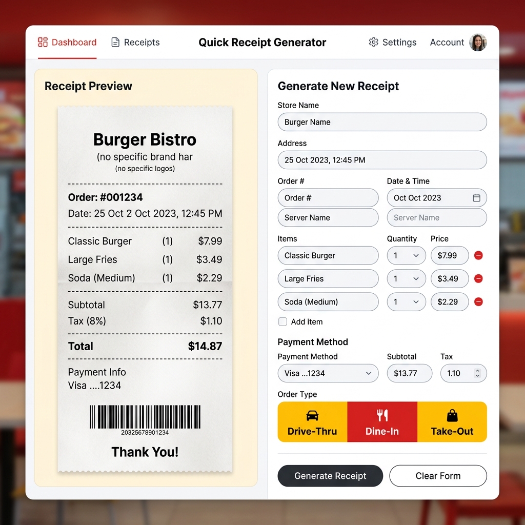 A digital interface showing a McDonald's receipt generator with drive-thru, dine-in, and takeout options.