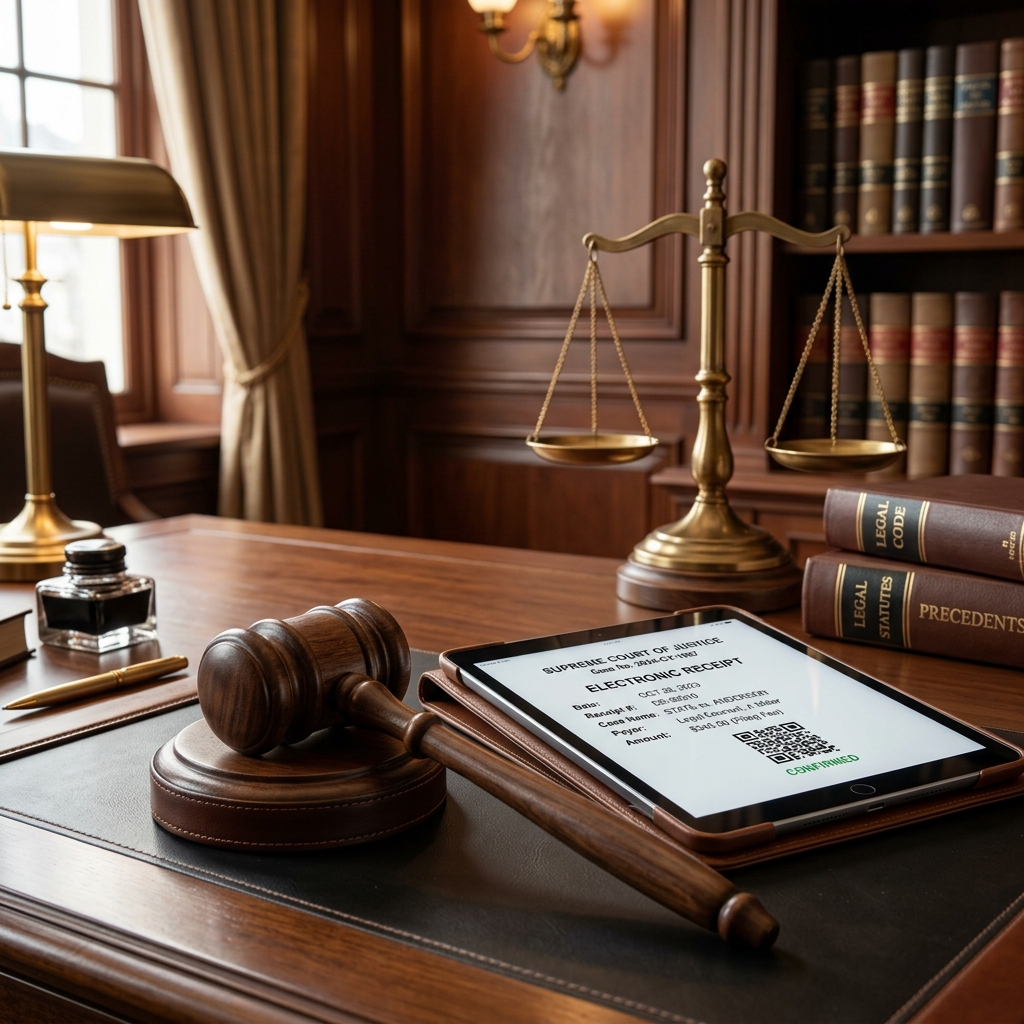 A gavel next to a digital receipt representing the legal boundaries of receipt generators.