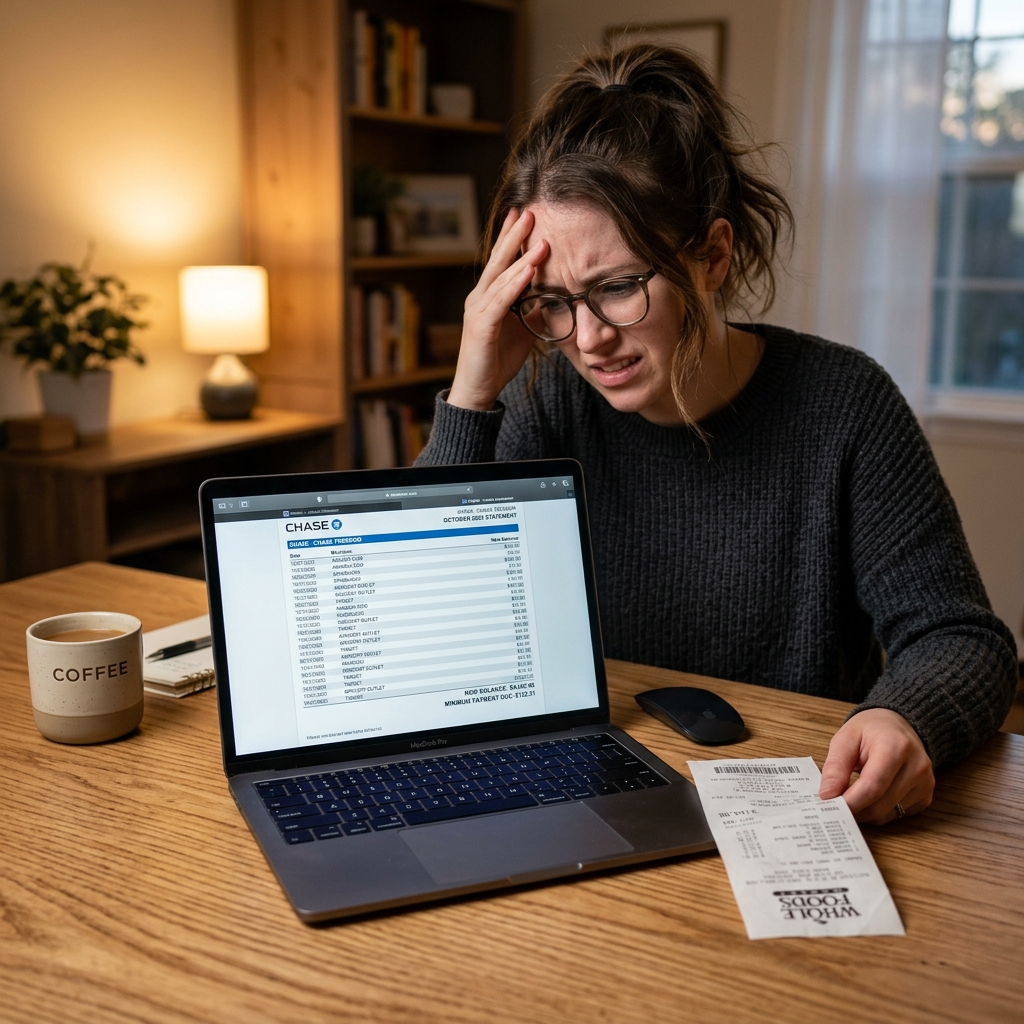 A person searching for a lost receipt while looking at bank statements on a laptop.