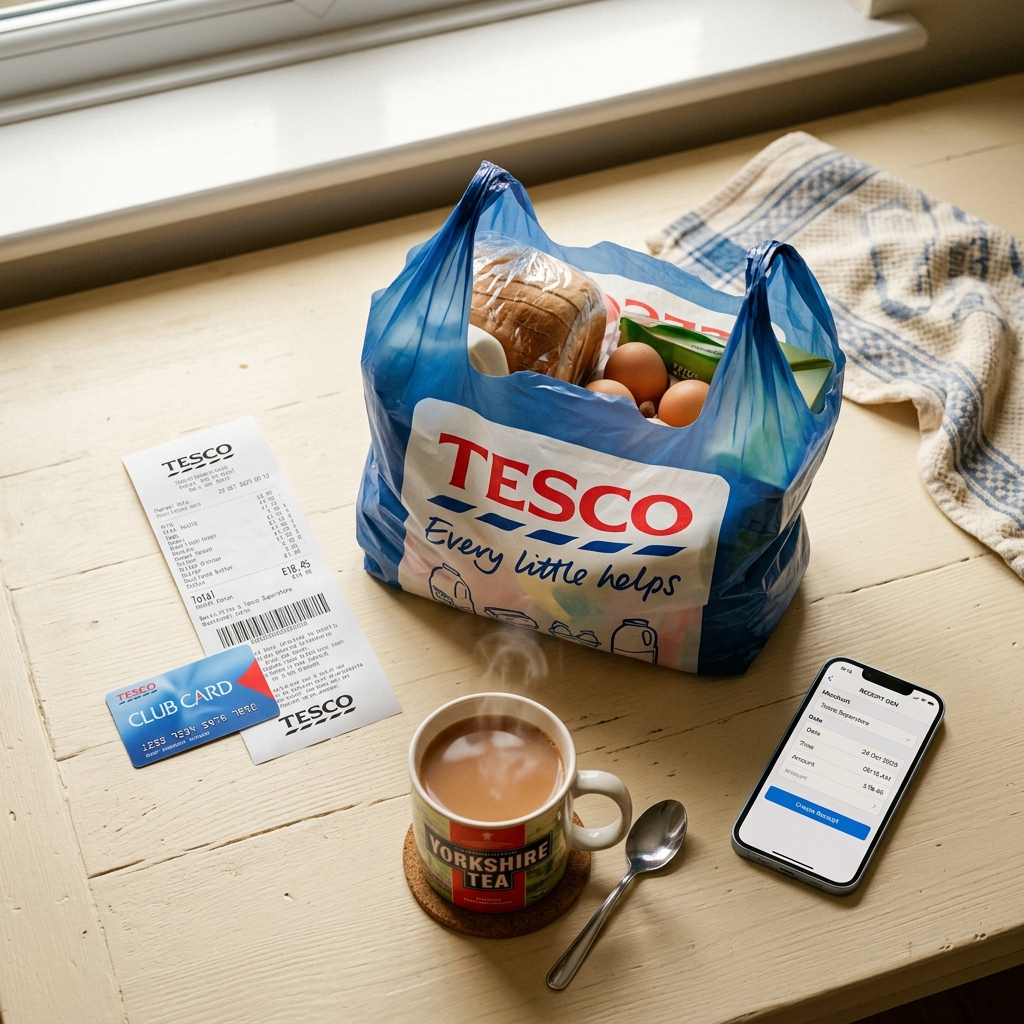 Tesco shopping bag, receipt, clubcard and tea.